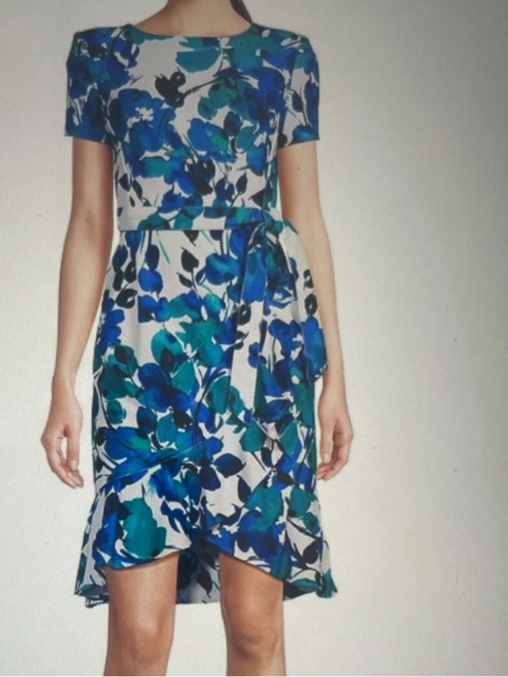 CALVIN KLEIN WOMENS DRESS SCUBA CREPE BELTED FLORAL BLUE TURQUOIS WHITE SZ 12 US